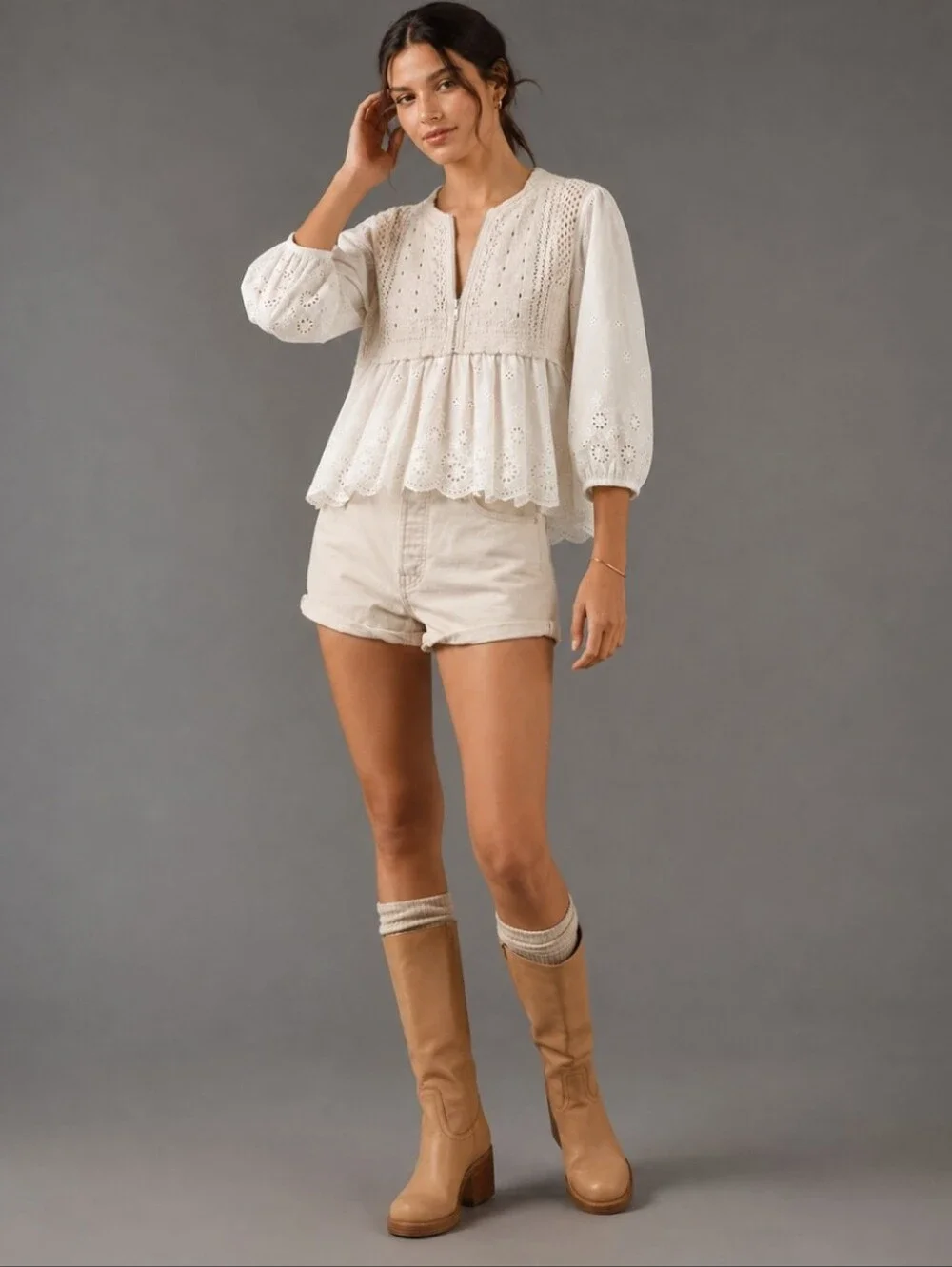 Anthropologie Half-Zip Sweater Vest Eyelet Knit  Blouse Cream Sz XLarge NWT$148